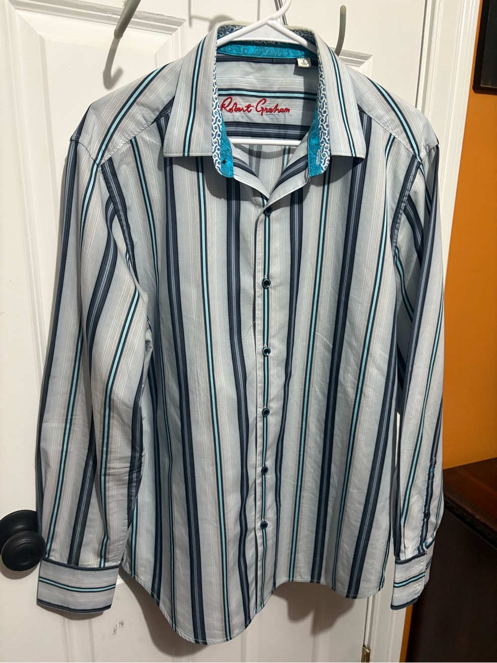 Robert Graham White, Teal and Black Vertical Stripe Button-Down Shirt
